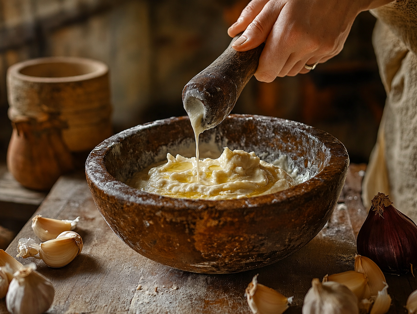 Elaboración artesanal de toum, representando el savoir-faire de los productores premium asociados a NOON.