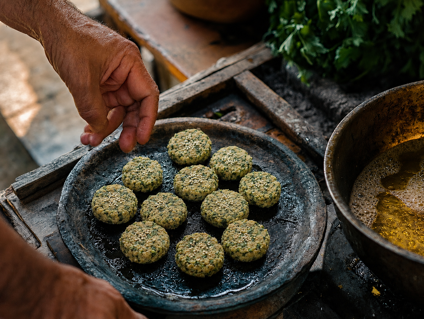 Elaboración artesanal de falafel, representando el savoir-faire de los productores premium asociados a NOON.
