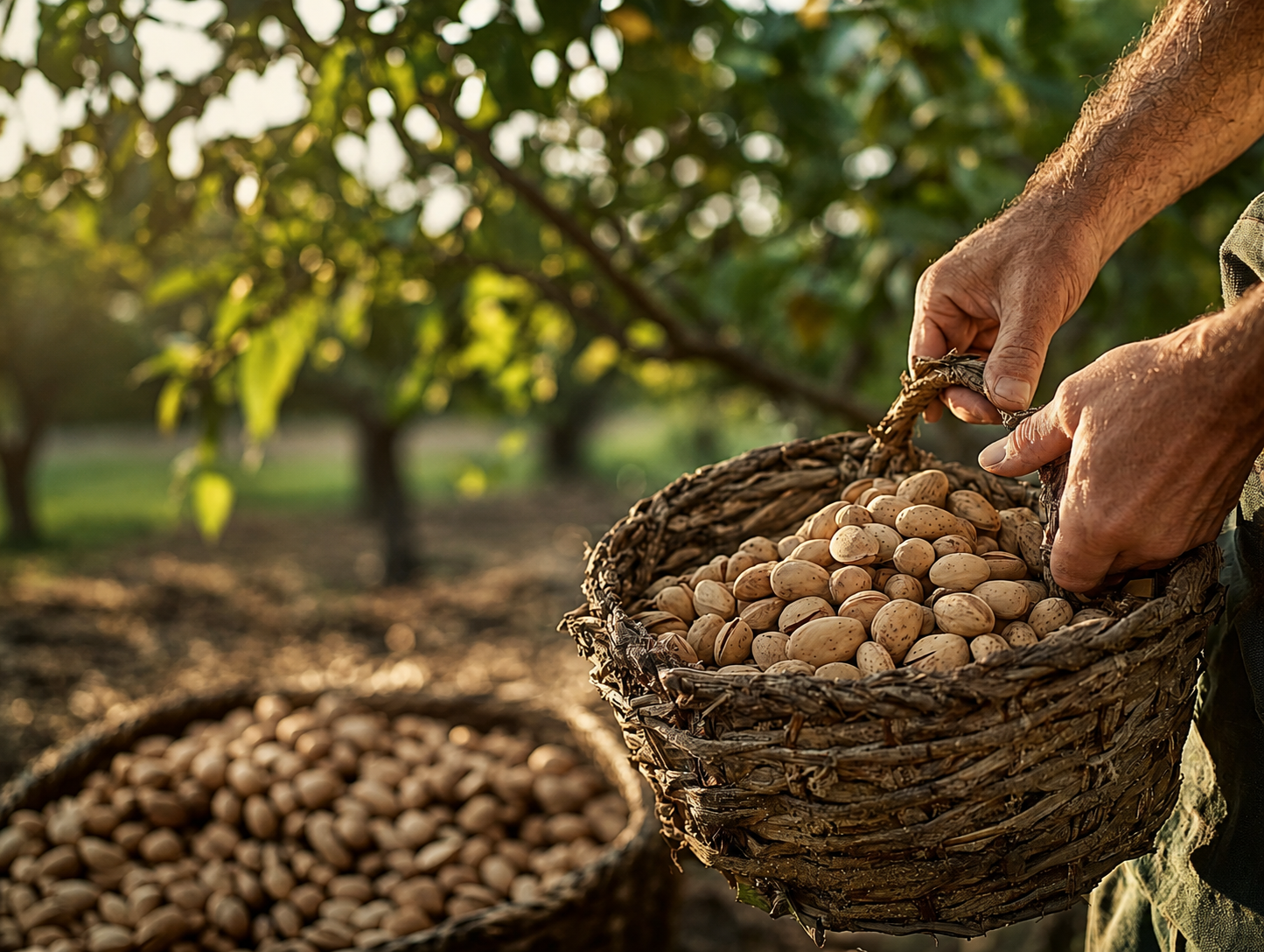 Cosecha artesanal de almendras y pistachos, representando el savoir-faire de los productores premium asociados a NOON.